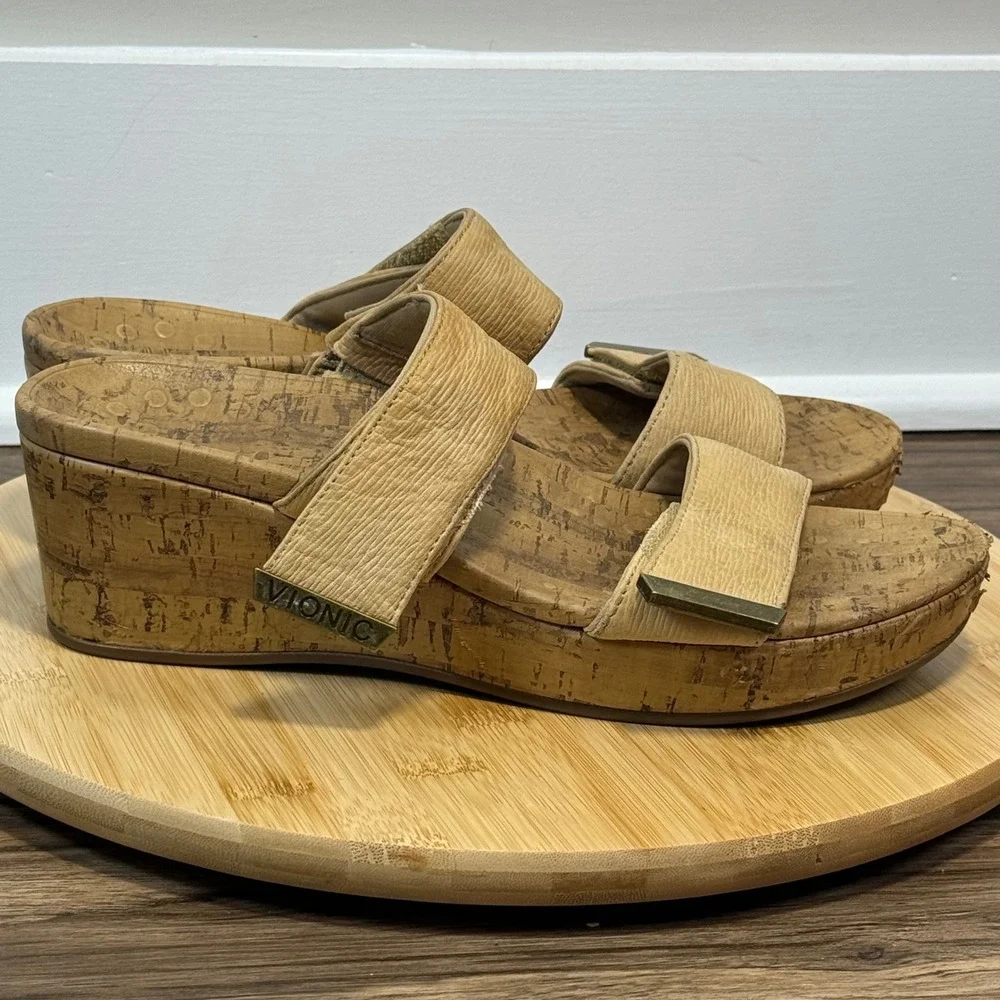 Vionic Pepper Ruched Wedge Sandal Womens 10 Tan Cork Platform 5251 Boho Coastal